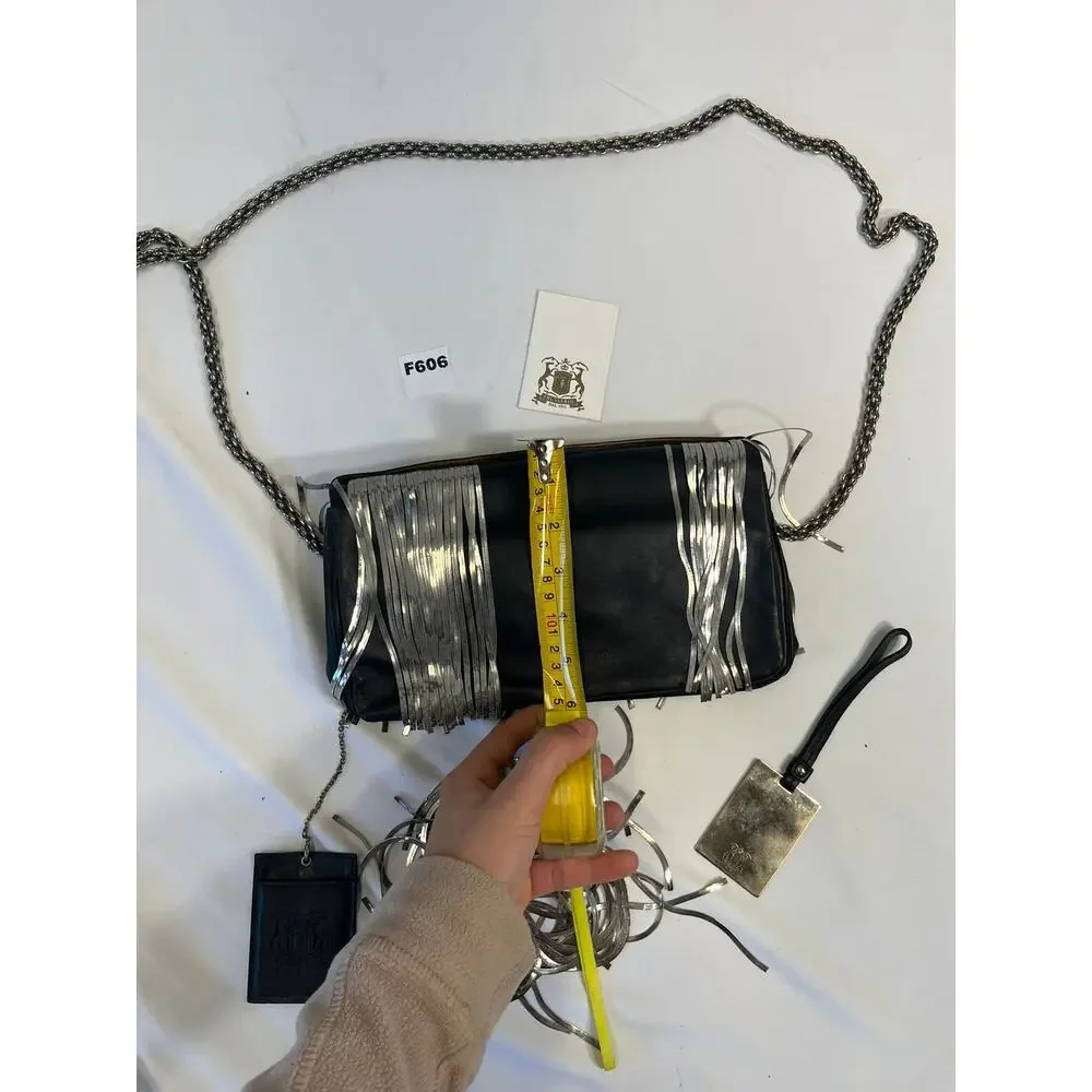 Trussardi Black Leather Fringe Crossbody Shoulder Bag Silver Chain Italy - F606